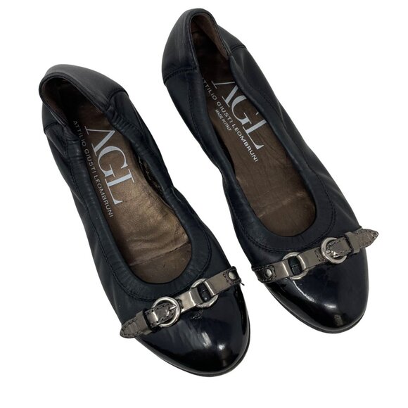 AGL Cap Toe Ballet Flat Size 7 EU 37 Black Leather Patent Buckle Belt - Picture 1 of 11